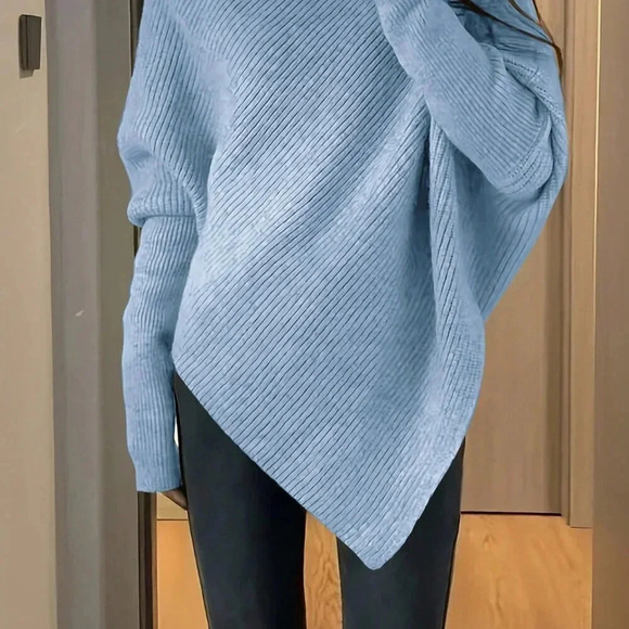 Blue Casual Women's High Neck Batwing Sleeve Sweater - Picture 2 of 8